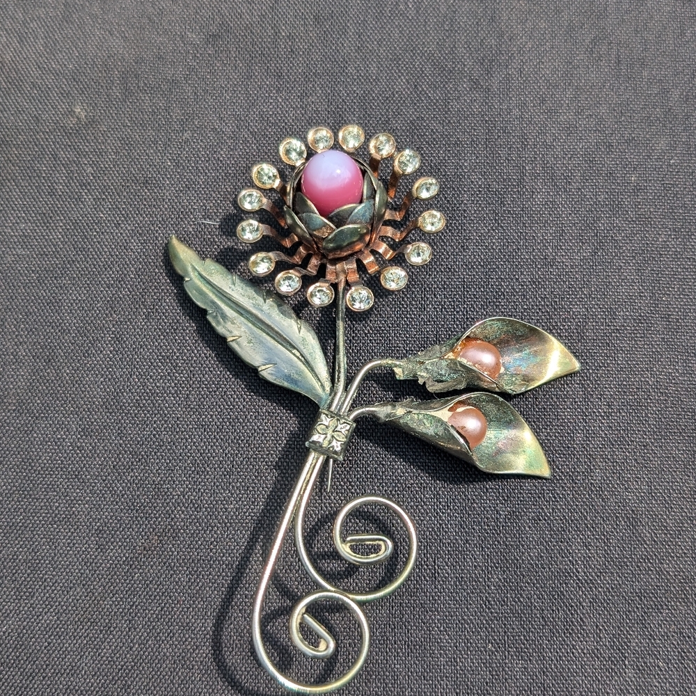 Vintage Flower Brooch Pink Glass Moonglow Stone and Pink Pearls